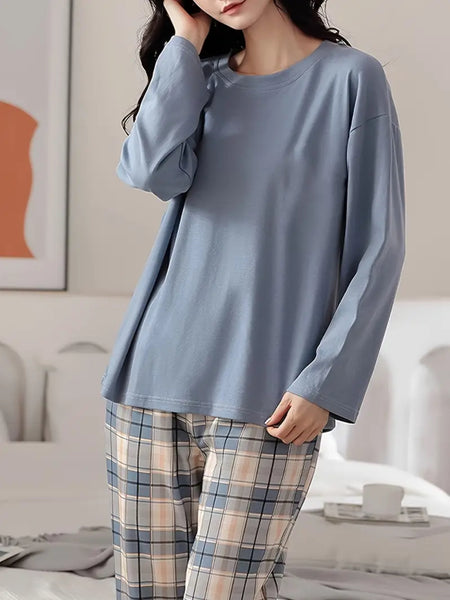 Maryam’s Essential Plaid Print Crew Neck Long Sleeve Sleepwear Set