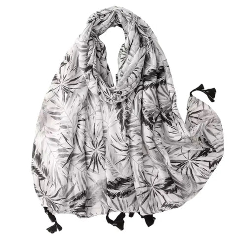 Maryam's Essential Leaf Printed Cotton Viscose Tassels Hijab/Shawl