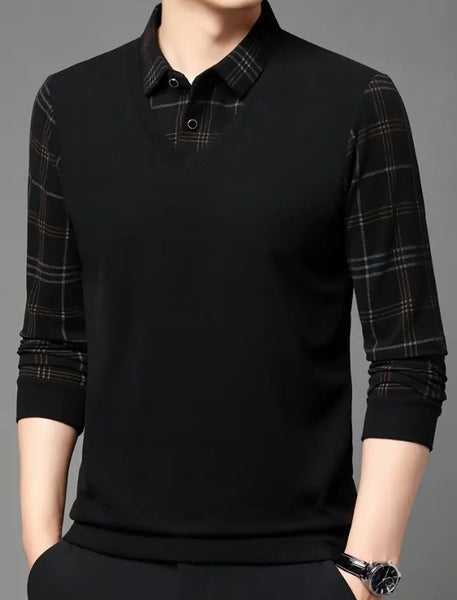 Maryam’s Essential Men V-Neck Button Long Sleeves Casual Regular Fit Striped Plaid Knitted Cotton Shirt
