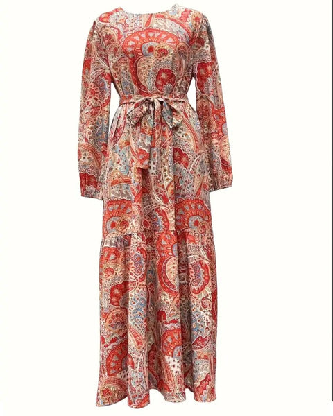 Maryam’s Essential Vintage Paisley Print Crew Neck Long Sleeves Ruffle Hem Dress