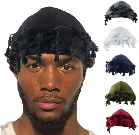 Maryam’s Essential Men’s Fringe Hem Turban Wrap Beanie with Silk Satin Lining