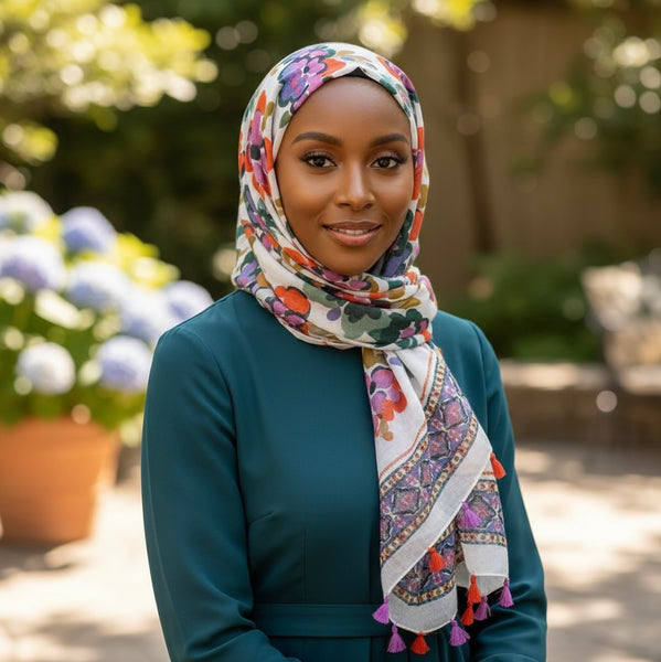 Maryam's Essential Flower Printed Cotton Viscose Tassels Hijab
