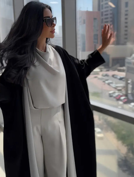 Maryam’s Essential Luxury Arab Muslim Three Pieces Abaya, Sleeveless Top, Crop Pants Set
