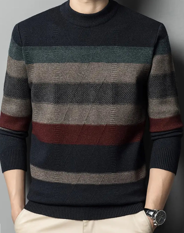 Maryam’s Essential Men Casual Striped Round Neck Pullover Long Sleeves Stretchy Knit Sweater