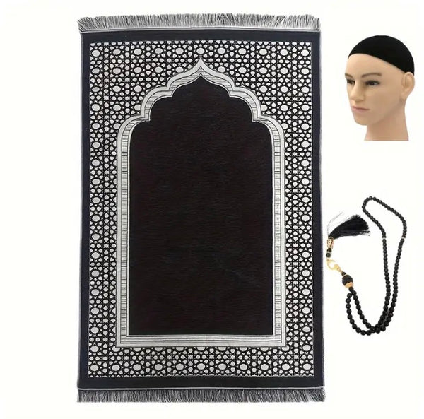 Maryam’s Essential Muslim Prayer Mat, Kufi Hat & Prayer Beads Set