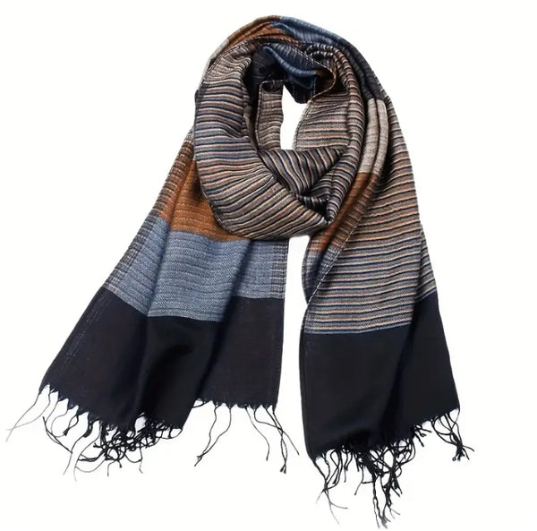 Maryam’s Essential Luxury Men Stripe Durable Rayon Cotton Viscose with Fringes Scarf for all Weather