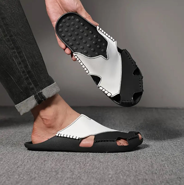 Maryam’s Essential Luxury Men Hand Crafted Synthetic Black & White Leather with Rubber Sole Slip-on Sandals