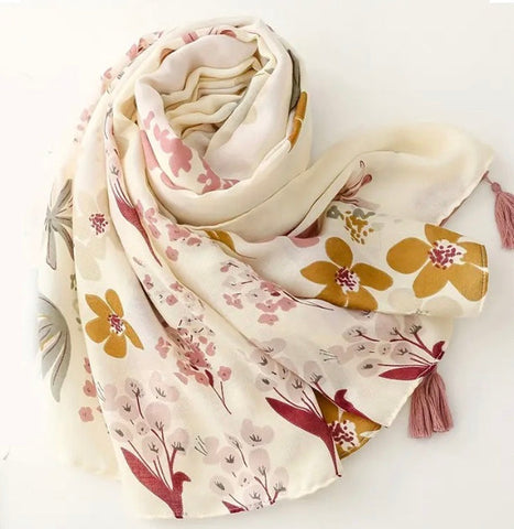 Maryam's Essential Flower Printed Cotton Viscose Tassels Hijab