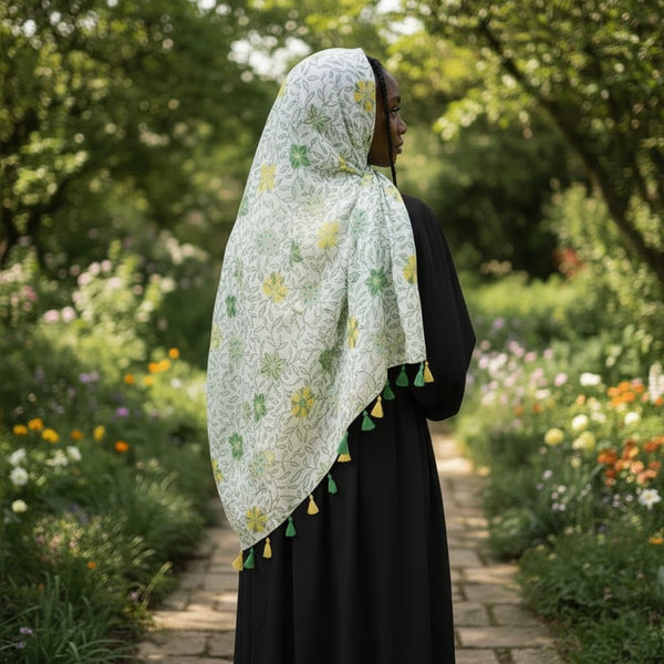 Maryam's Essential Flower Printed Cotton Polyester Tassels Hijab