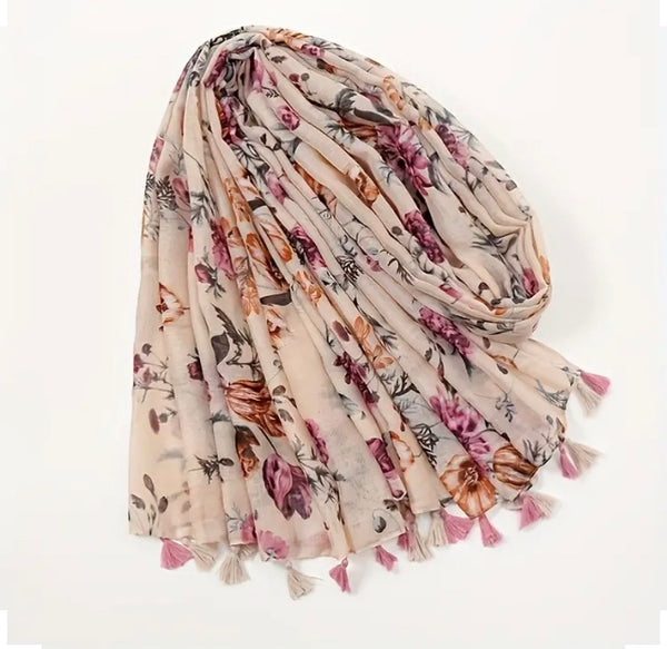 Maryam's Essential Flower Printed Polyester Tassels Hijab