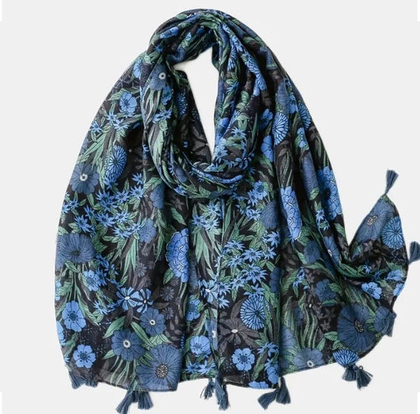Maryam's Essential Floral Printed Cotton Viscose Tassels Hijab