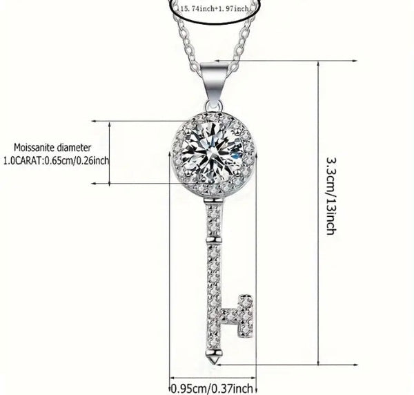 Maryam’s Essential Diamond Style 1 Carat Moissanite 925 Sterling Silver Key Pendant Clavicle Chain Necklace with Certificate