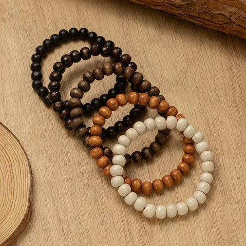 Maryam’s Essential Unisex 5 Pieces Retro Round Wood Beads Multilayer Bracelets