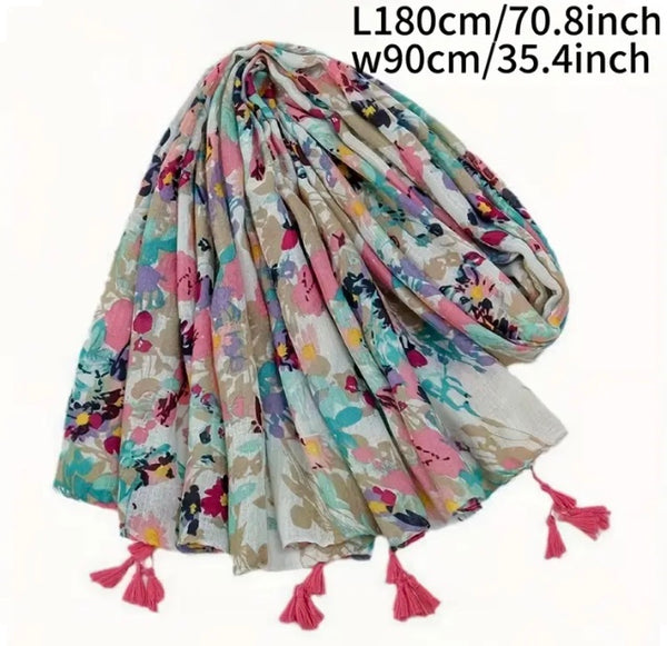 Maryam's Essential Floral Printed Cotton Viscose Tassels Hijab