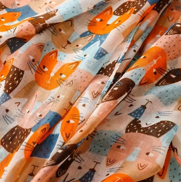 Maryam's Essential Cute Cat Print Cotton Viscose Tassels Hijab