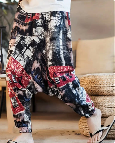 Maryam’s Essential Men’s Ethnic Vintage Pattern Stitching Print Harem Baggy Trouser