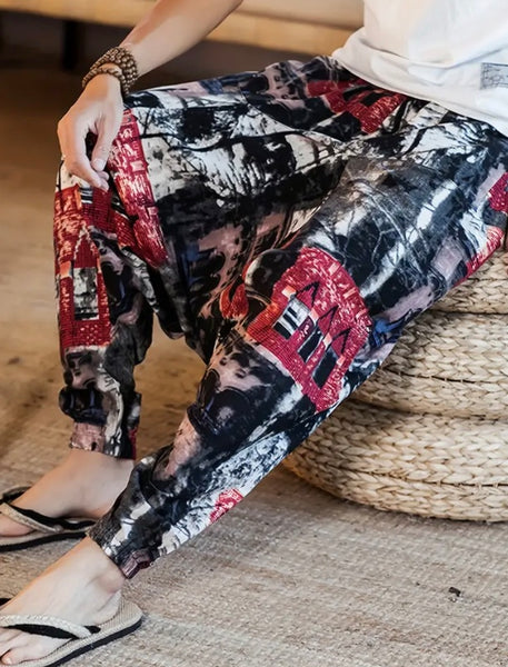 Maryam’s Essential Men’s Ethnic Vintage Pattern Stitching Print Harem Baggy Trouser