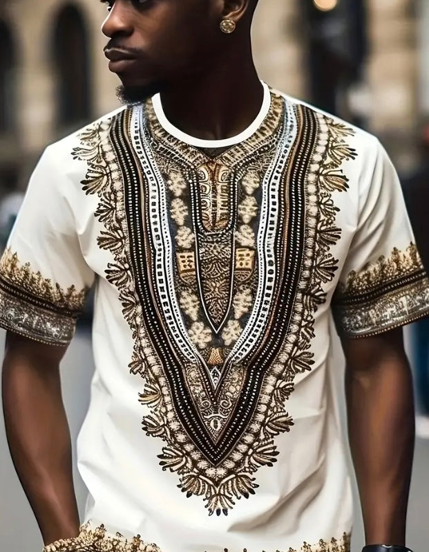 Maryam’s Essential Men’s Ethnic Style Graphic Pattern Print Crew Neck, Short Sleeve Top Tank