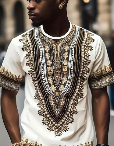 Maryam’s Essential Men’s Ethnic Style Graphic Pattern Print Crew Neck, Short Sleeve Top Tank