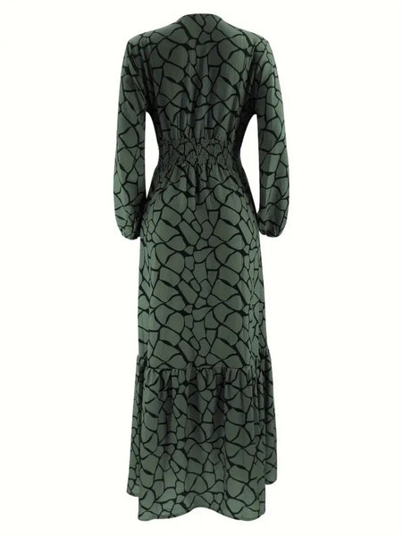 Maryam’s Essential Vintage Print V-Neck Long Cuffed Sleeves Hem Dress