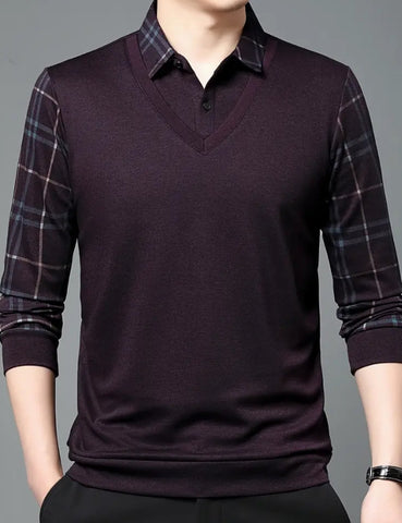 Maryam’s Essential Men V-Neck Button Long Sleeves Casual Regular Fit Striped Plaid Knitted Cotton Shirt