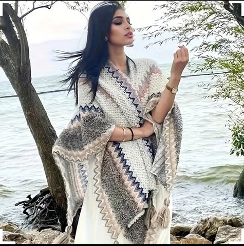 Maryam’s Essential Vintage Knit Chunky Cardigan Shawl Poncho with Tassels