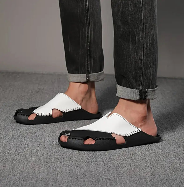 Maryam’s Essential Luxury Men Hand Crafted Synthetic Black & White Leather with Rubber Sole Slip-on Sandals