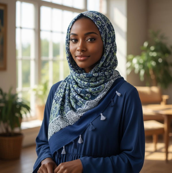 Maryam's Essential Luxury Printed Cotton Viscose Tassels Hijab