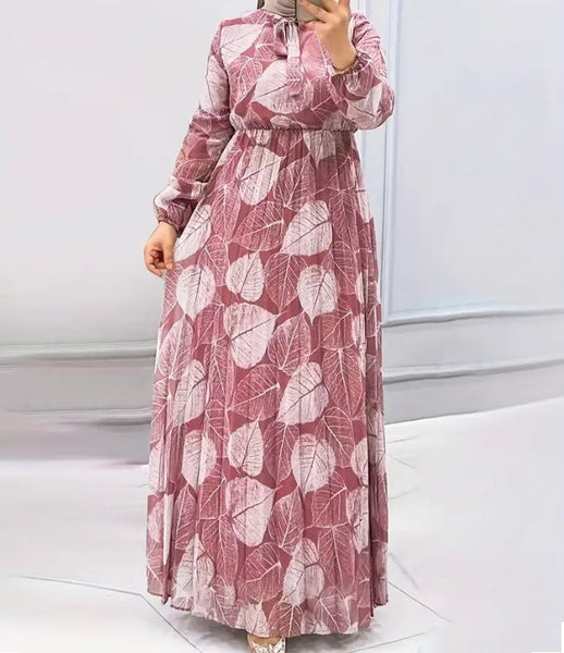 Maryam’s Essential Vintage Leaf Print Crew Neck Tie Cuffed Sleeves Maxi Dress