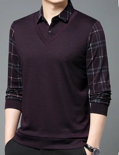 Maryam’s Essential Men V-Neck Button Long Sleeves Casual Regular Fit Striped Plaid Knitted Cotton Shirt