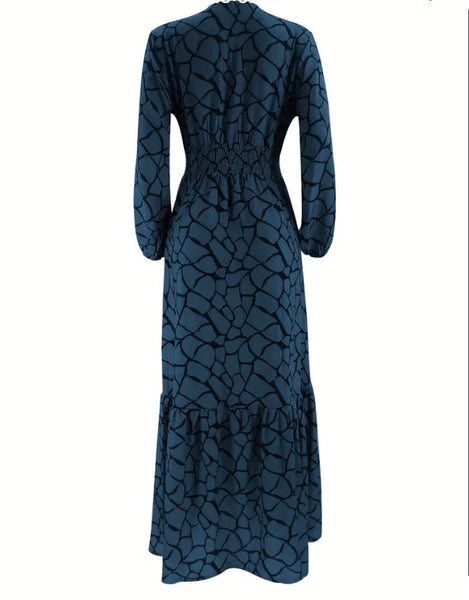 Maryam’s Essential Vintage Print V-Neck Long Cuffed Sleeves Hem Dress