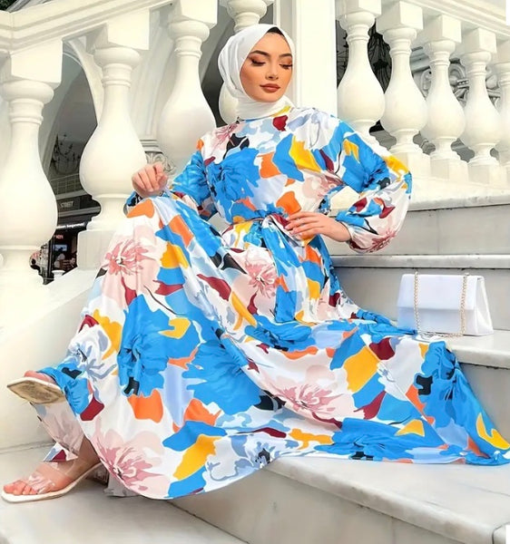 Maryam’s Essential Vintage Floral Print Crew Neck Lantern Sleeves Maxi Dress