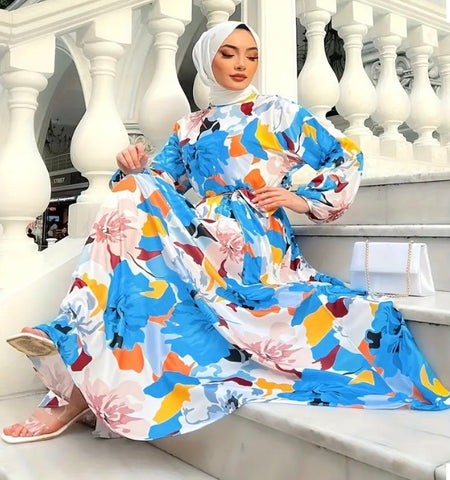 Maryam’s Essential Vintage Floral Print Crew Neck Lantern Sleeves Maxi Dress