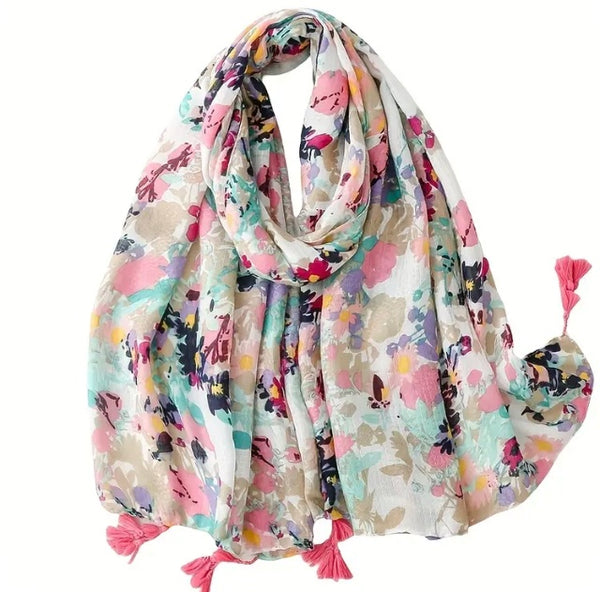 Maryam's Essential Floral Printed Cotton Viscose Tassels Hijab