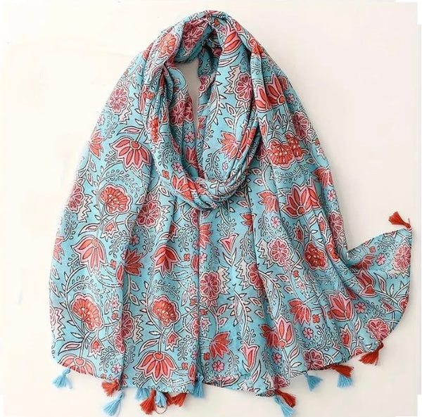 Maryam's Essential Floral Printed Cotton Viscose Tassels Hijab