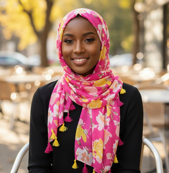 Maryam's Essential Flower Printed Cotton Polyester Tassels Hijab