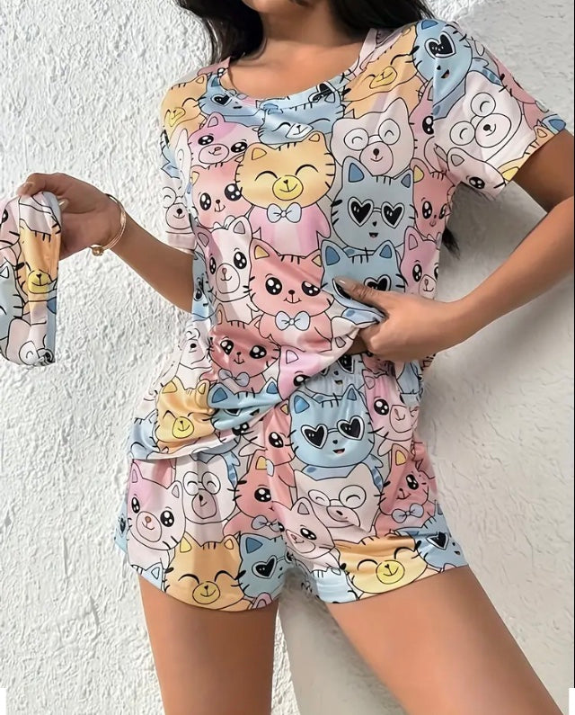 Maryam’s Essential Cat  Print Round Neck Top and Short With Eye Mask Sleepwear Set