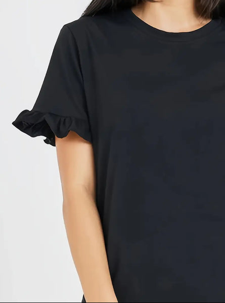 Maryam’s Essential Casual Black Short Sleeve Top and Floral Print Elastic Waist Pants