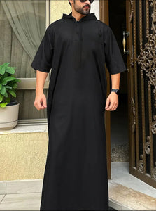 Maryam’s Essential Luxury Men Geometric Pattern Short Sleeves Hood Ethnic Vintage Kaftan