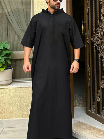 Maryam’s Essential Luxury Men Geometric Pattern Short Sleeves Hood Ethnic Vintage Kaftan