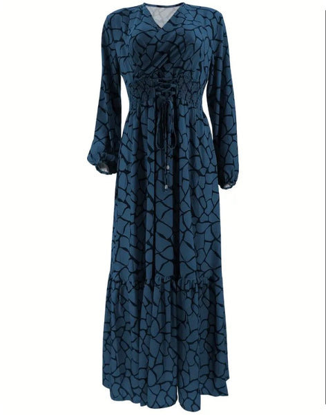 Maryam’s Essential Vintage Print V-Neck Long Cuffed Sleeves Hem Dress