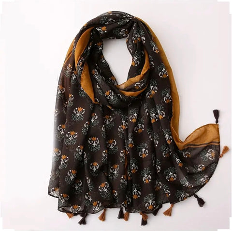 Maryam's Essential Flower Printed Cotton Viscose Tassels Scarf/Hijab