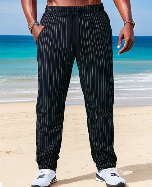 Maryam’s Essential Men Casual Lightweight Breathable Cotton Striped Loose Fit Straight Leg Pants