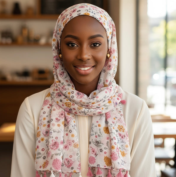 Maryam's Essential Flower Printed Cotton Polyester Tassels Hijab