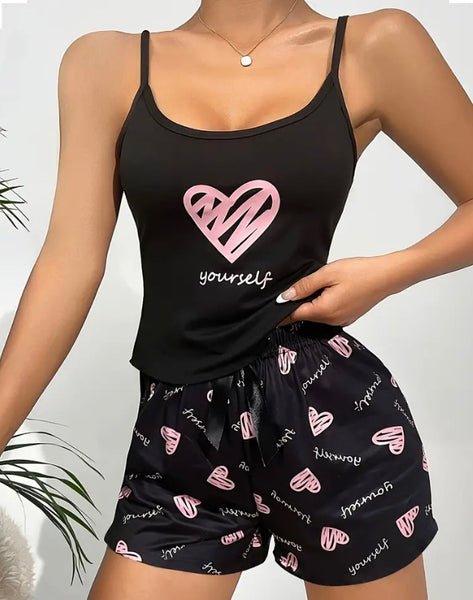 Maryam’s Essential Heart Yourself Print Lettuce Trim Round Neck Cami Top and Short Sleepwear Set