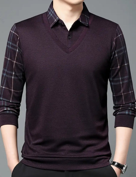 Maryam’s Essential Men V-Neck Button Long Sleeves Casual Regular Fit Striped Plaid Knitted Cotton Shirt