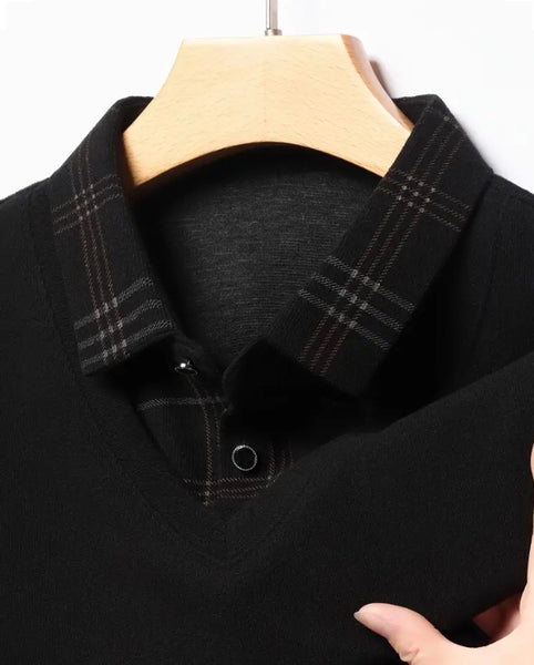 Maryam’s Essential Men V-Neck Button Long Sleeves Casual Regular Fit Striped Plaid Knitted Cotton Shirt