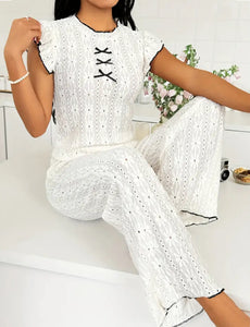 Maryam’s Essential Luxury Eyelet Embroidery Ruffle Sleeve Round Neck Bow Pattern Sleepwear Set