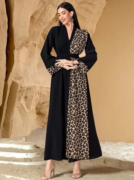 Maryam’s Essential Luxury Arab Black & Leopard Print with Pocket Abaya Dress