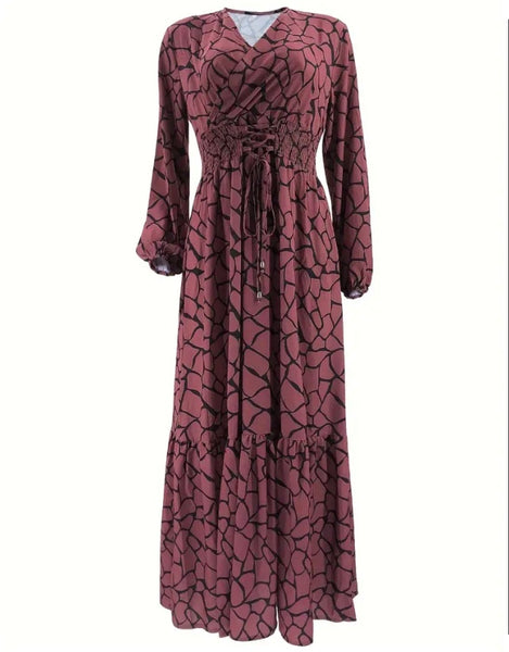 Maryam’s Essential Vintage Print V-Neck Long Cuffed Sleeves Hem Dress